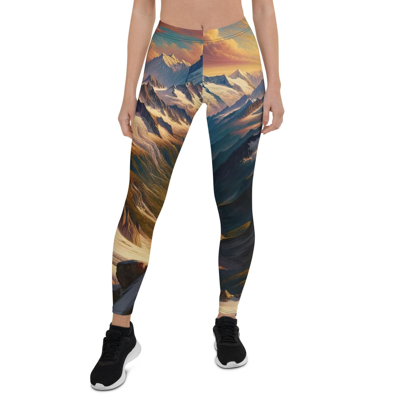 Ölgemälde eines Wanderers auf einem Hügel mit Panoramablick auf schneebedeckte Alpen und goldenen Himmel - Leggings (All-Over Print) wandern xxx yyy zzz XL