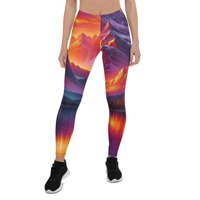 Ölgemälde eines Bootes auf einem Bergsee bei Sonnenuntergang, lebendige Orange-Lila Töne - Leggings (All-Over Print) berge xxx yyy zzz XL