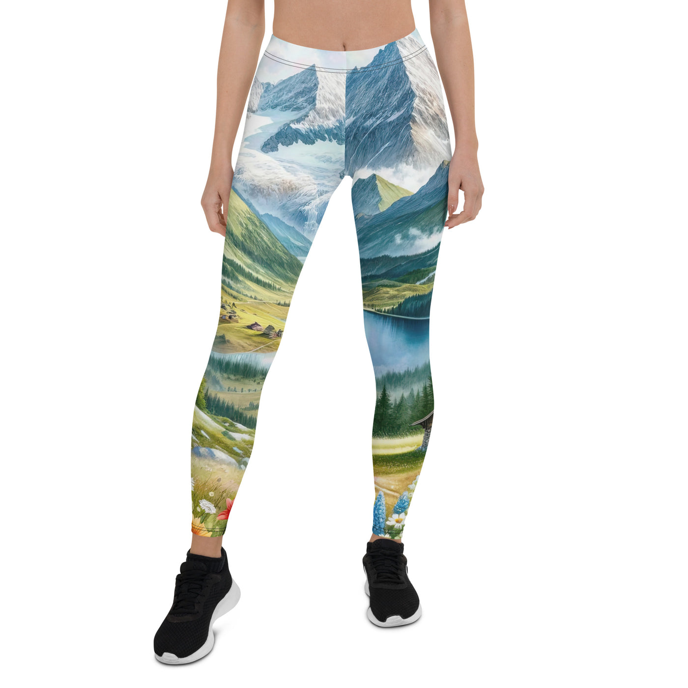 Quadratisches Aquarell der Alpen, Berge mit schneebedeckten Spitzen - Leggings (All-Over Print) berge xxx yyy zzz XL