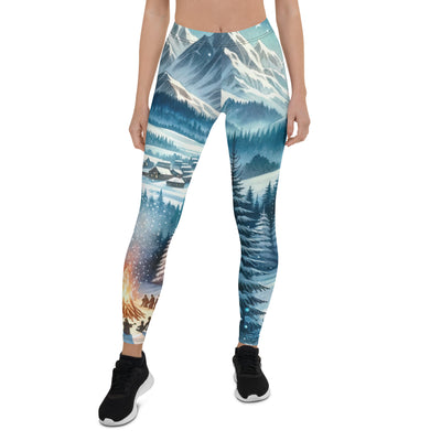 Aquarell eines Winterabends in den Alpen mit Lagerfeuer und Wanderern, glitzernder Neuschnee - Leggings (All-Over Print) camping xxx yyy zzz XL