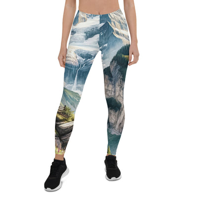 Aquarell-Panoramablick der Alpen mit schneebedeckten Gipfeln, Wasserfällen und Wanderern - Leggings (All-Over Print) wandern xxx yyy zzz XL