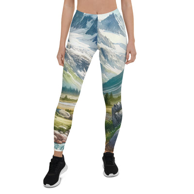 Aquarellmalerei eines Bären und der sommerlichen Alpenschönheit mit schneebedeckten Ketten - Leggings (All-Over Print) camping xxx yyy zzz XL