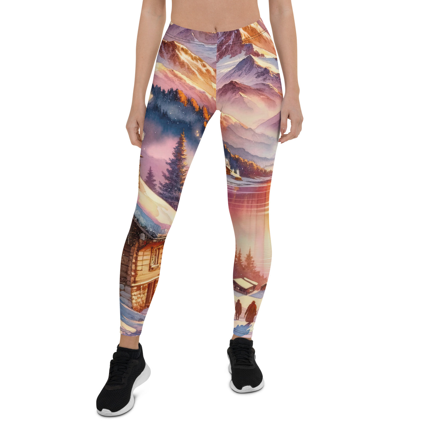 Aquarell eines Alpenpanoramas mit Wanderern bei Sonnenuntergang in Rosa und Gold - Leggings (All-Over Print) wandern xxx yyy zzz XL