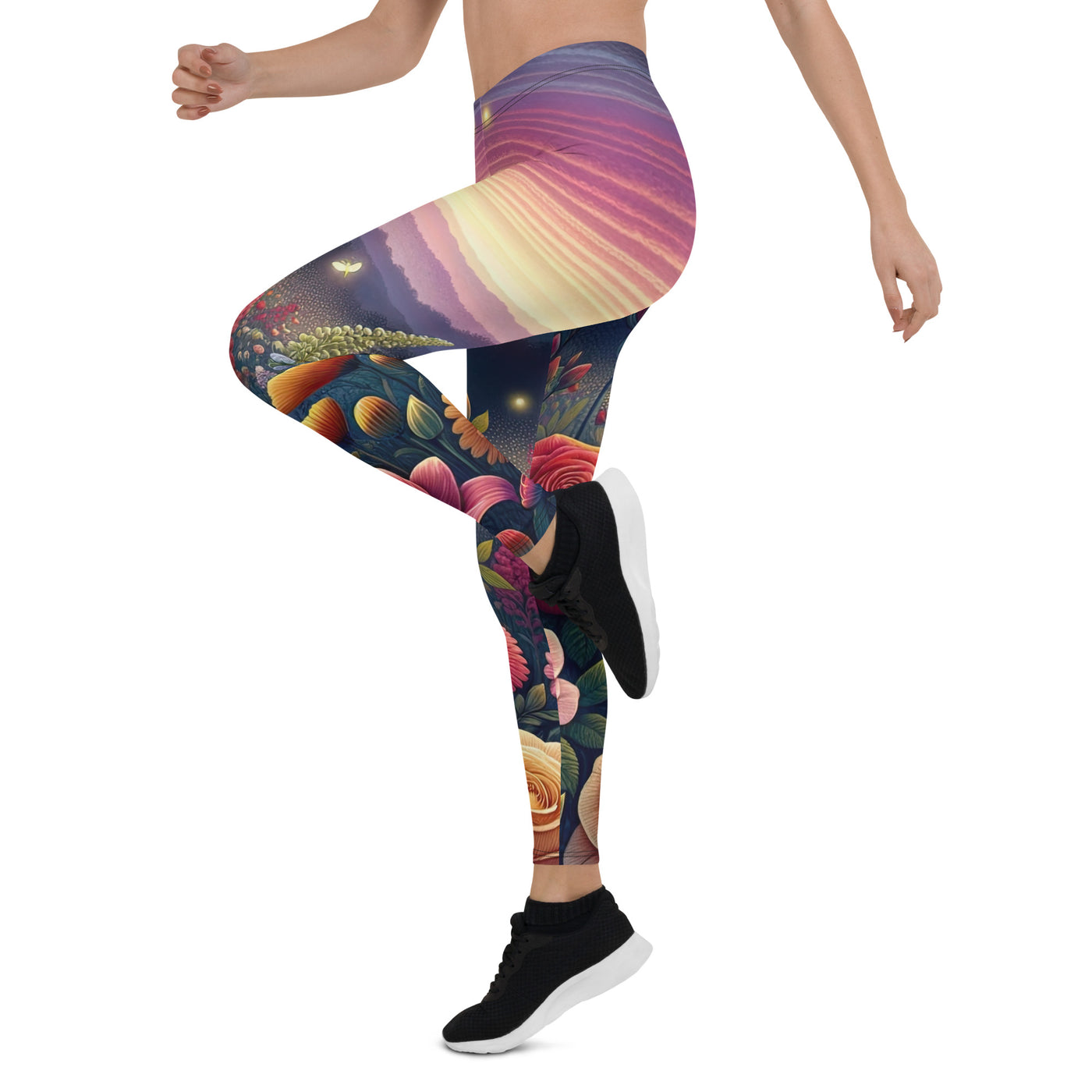 Skurriles Blumenfeld in Dämmerung, farbenfrohe Rosen, Lilien, Ringelblumen - Leggings (All-Over Print) camping xxx yyy zzz