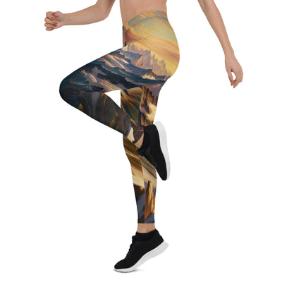 Ölgemälde eines Wanderers auf einem Hügel mit Panoramablick auf schneebedeckte Alpen und goldenen Himmel - Leggings (All-Over Print) wandern xxx yyy zzz