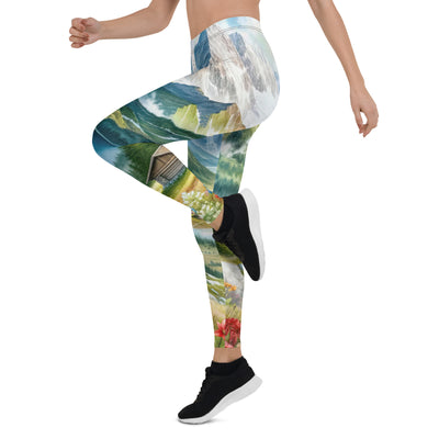 Quadratisches Aquarell der Alpen, Berge mit schneebedeckten Spitzen - Leggings (All-Over Print) berge xxx yyy zzz