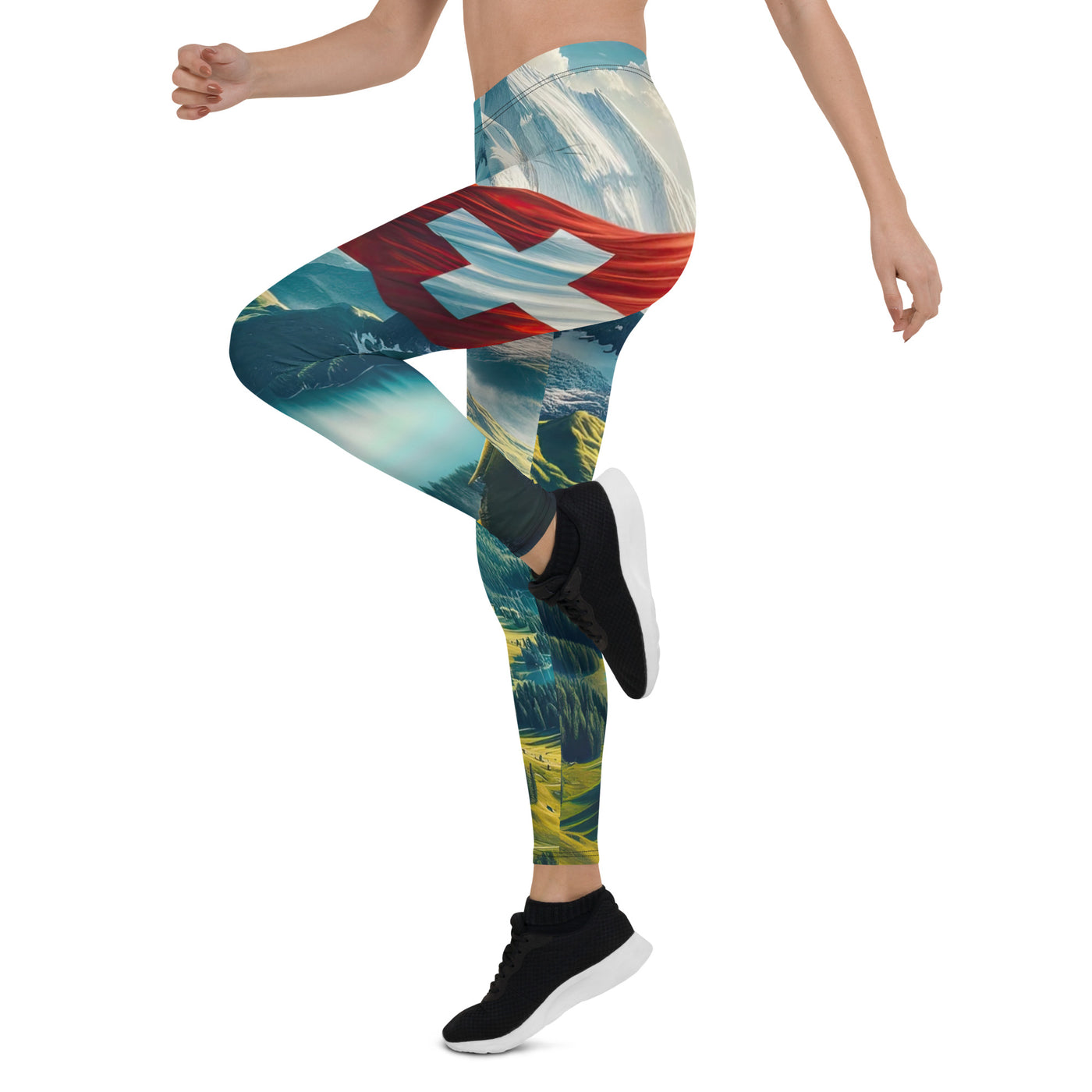 Ultraepische, fotorealistische Darstellung der Schweizer Alpenlandschaft mit Schweizer Flagge - Leggings (All-Over Print) berge xxx yyy zzz