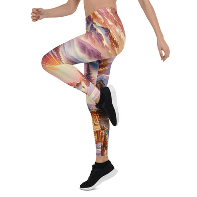 Aquarell eines Alpenpanoramas mit Wanderern bei Sonnenuntergang in Rosa und Gold - Leggings (All-Over Print) wandern xxx yyy zzz