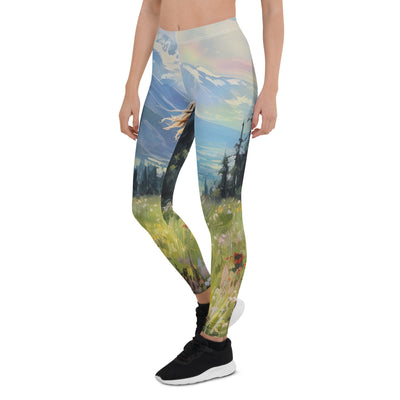 Frau mit langen Kleid im Feld mit Blumen - Berge im Hintergrund - Malerei - Leggings (All-Over Print) berge xxx