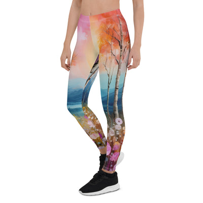 Berge, See, pinke Bäume und Blumen - Malerei - Leggings (All-Over Print) berge xxx