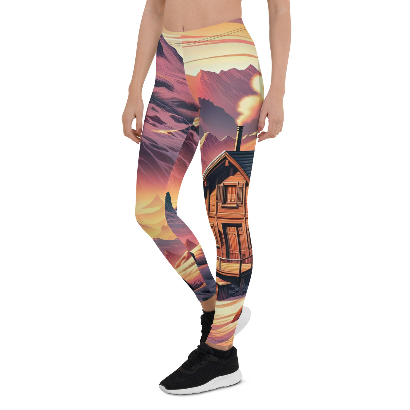 Berghütte im goldenen Sonnenuntergang: Digitale Alpenillustration - Leggings (All-Over Print) berge xxx yyy zzz