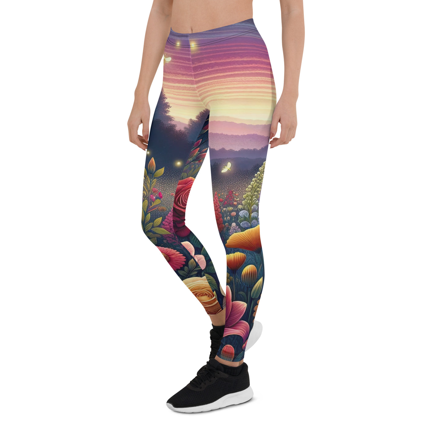 Skurriles Blumenfeld in Dämmerung, farbenfrohe Rosen, Lilien, Ringelblumen - Leggings (All-Over Print) camping xxx yyy zzz