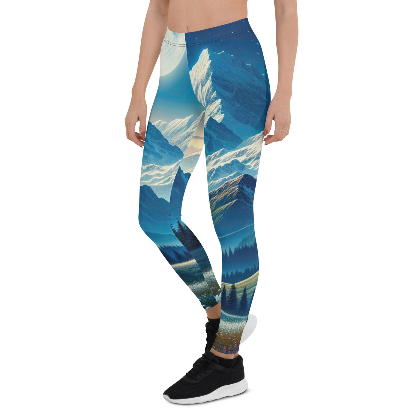 Klare frühlingshafte Alpennacht mit Blumen und Vollmond über Schneegipfeln - Leggings (All-Over Print) berge xxx yyy zzz