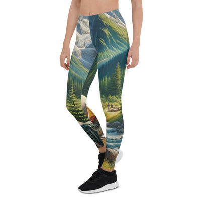 Ölgemälde der Alpensommerlandschaft mit Zelt, Gipfeln, Wäldern und Bächen - Leggings (All-Over Print) camping xxx yyy zzz