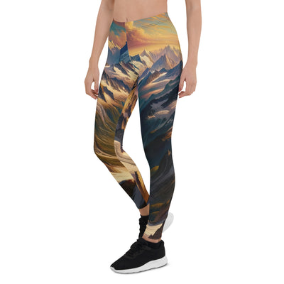 Ölgemälde eines Wanderers auf einem Hügel mit Panoramablick auf schneebedeckte Alpen und goldenen Himmel - Leggings (All-Over Print) wandern xxx yyy zzz