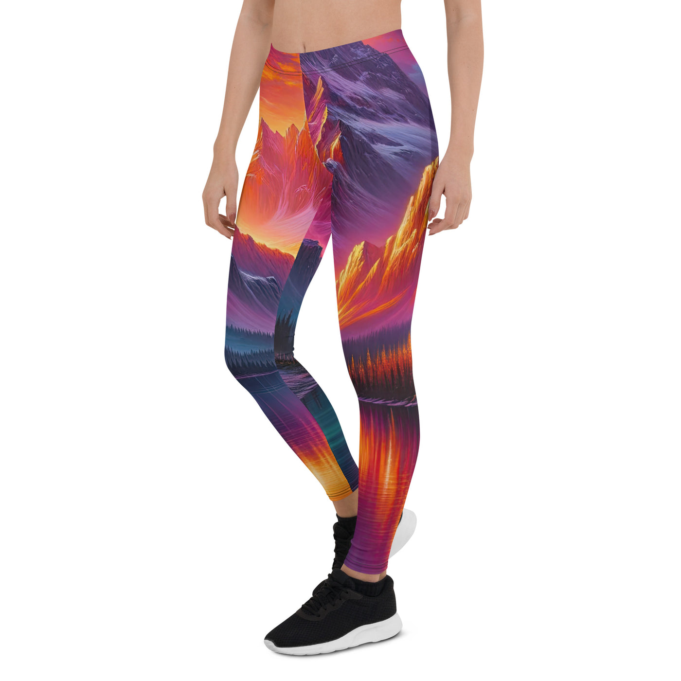 Ölgemälde eines Bootes auf einem Bergsee bei Sonnenuntergang, lebendige Orange-Lila Töne - Leggings (All-Over Print) berge xxx yyy zzz