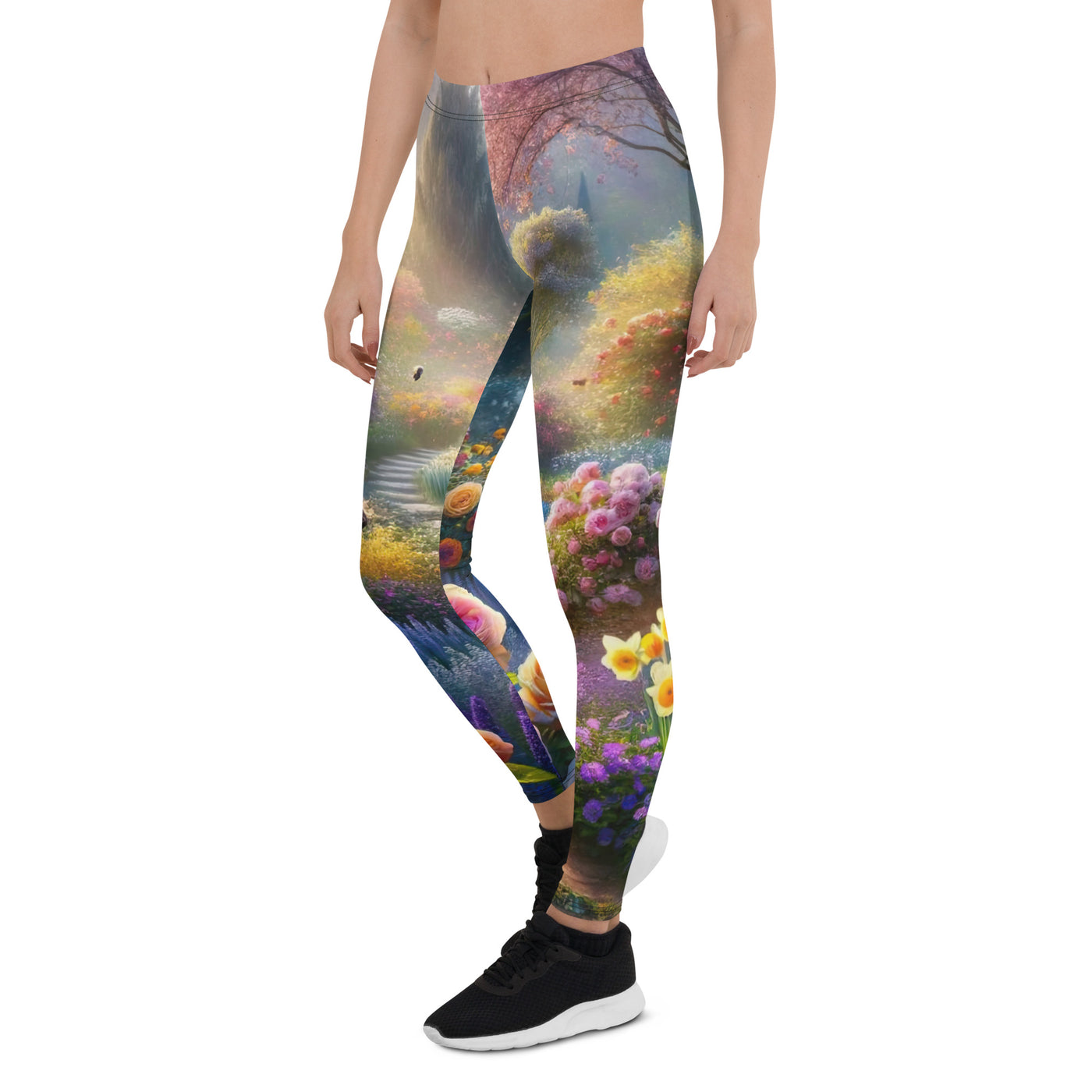 Foto einer Gartenszene im Frühling mit Weg durch blühende Rosen und Veilchen - Leggings (All-Over Print) camping xxx yyy zzz