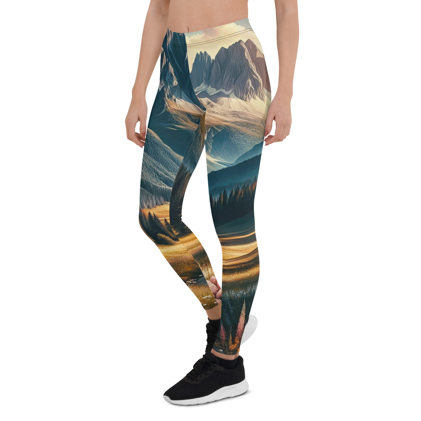 Quadratisches Kunstwerk der Alpen, majestätische Berge unter goldener Sonne - Leggings (All-Over Print) berge xxx yyy zzz