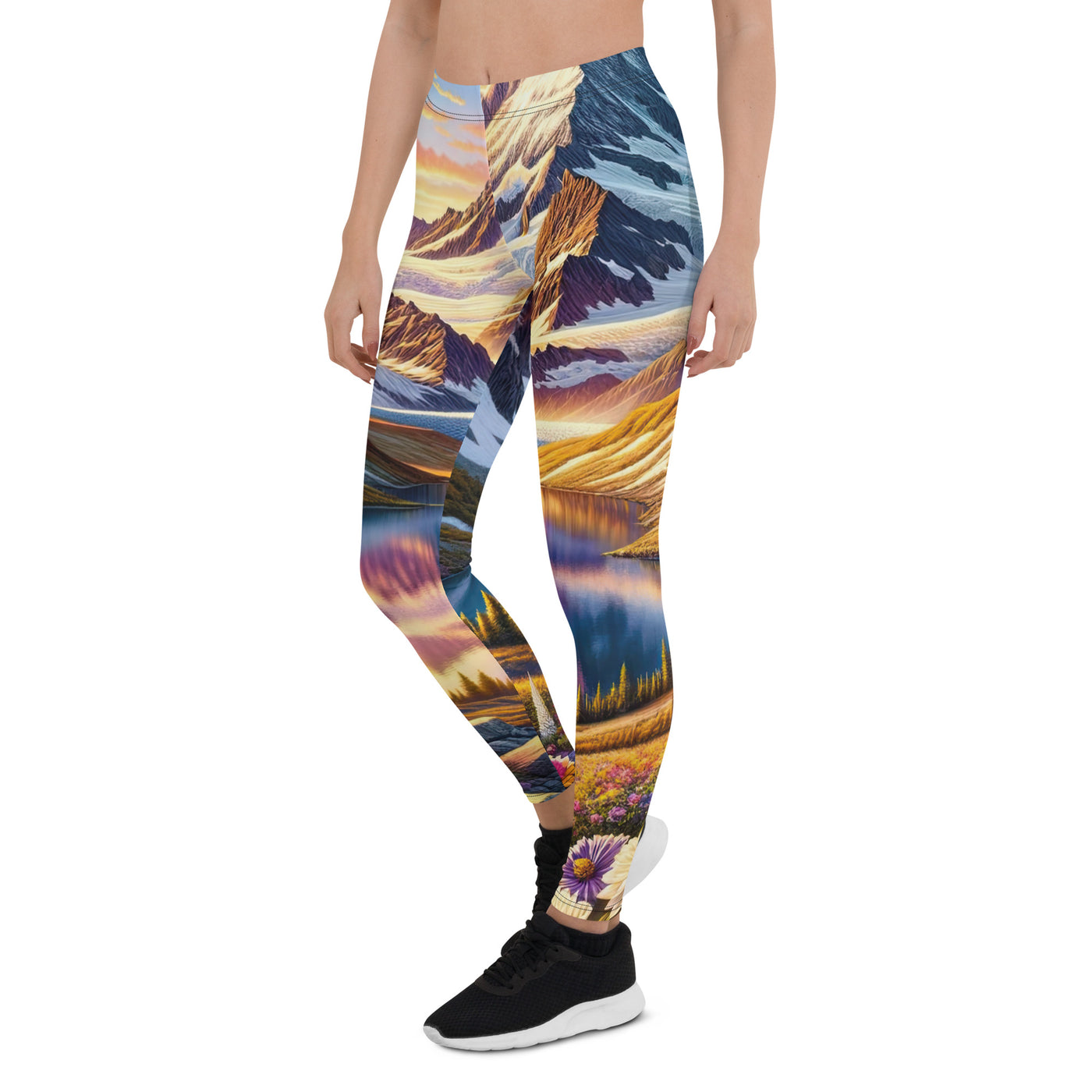 Quadratische Illustration der Alpen mit schneebedeckten Gipfeln und Wildblumen - Leggings (All-Over Print) berge xxx yyy zzz