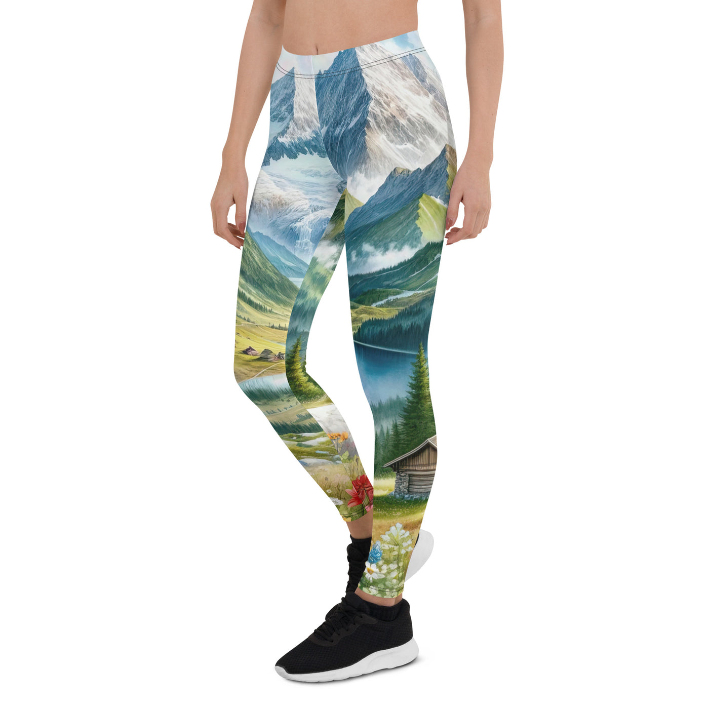 Quadratisches Aquarell der Alpen, Berge mit schneebedeckten Spitzen - Leggings (All-Over Print) berge xxx yyy zzz