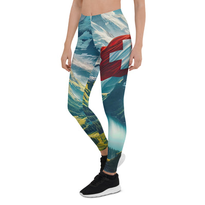 Ultraepische, fotorealistische Darstellung der Schweizer Alpenlandschaft mit Schweizer Flagge - Leggings (All-Over Print) berge xxx yyy zzz