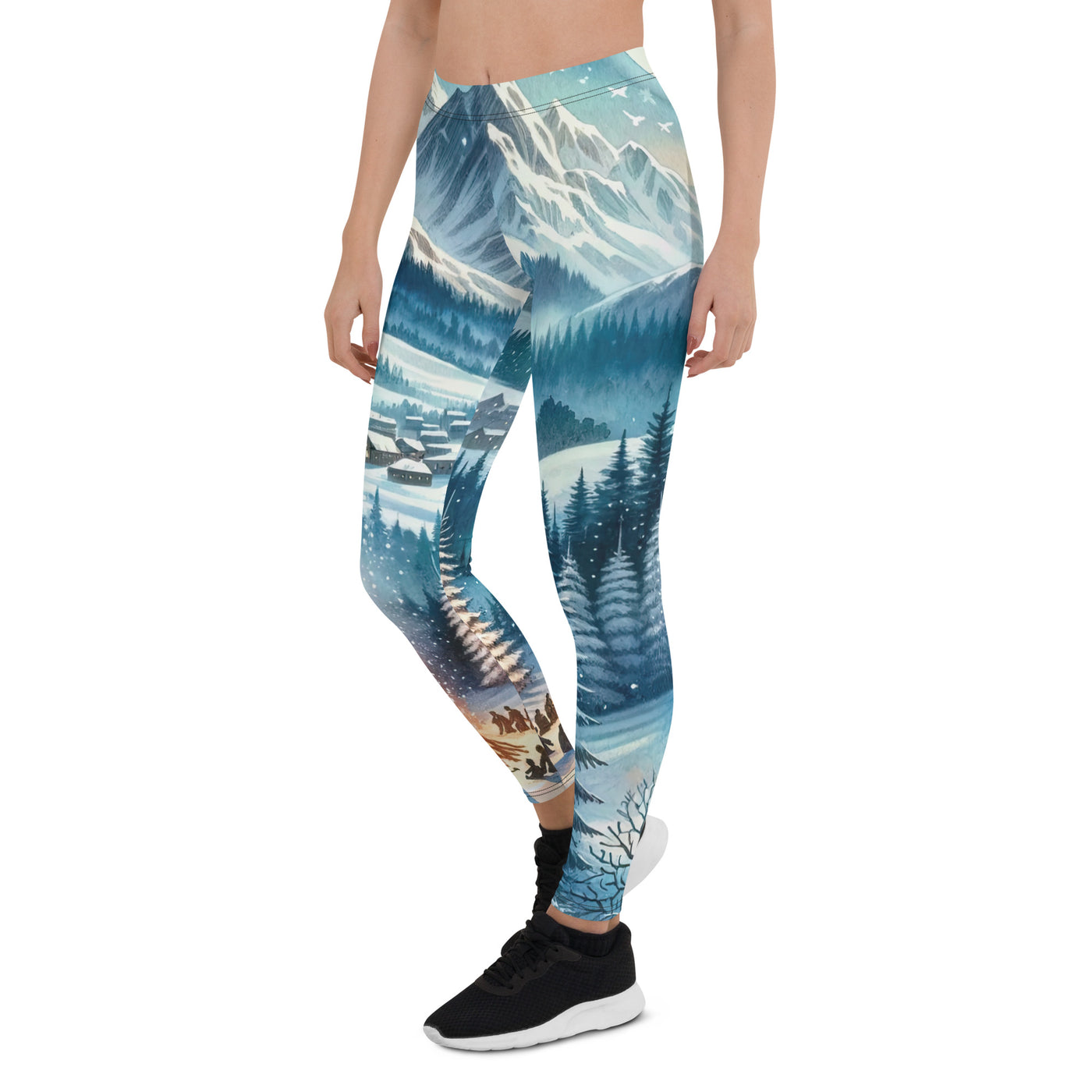 Aquarell eines Winterabends in den Alpen mit Lagerfeuer und Wanderern, glitzernder Neuschnee - Leggings (All-Over Print) camping xxx yyy zzz