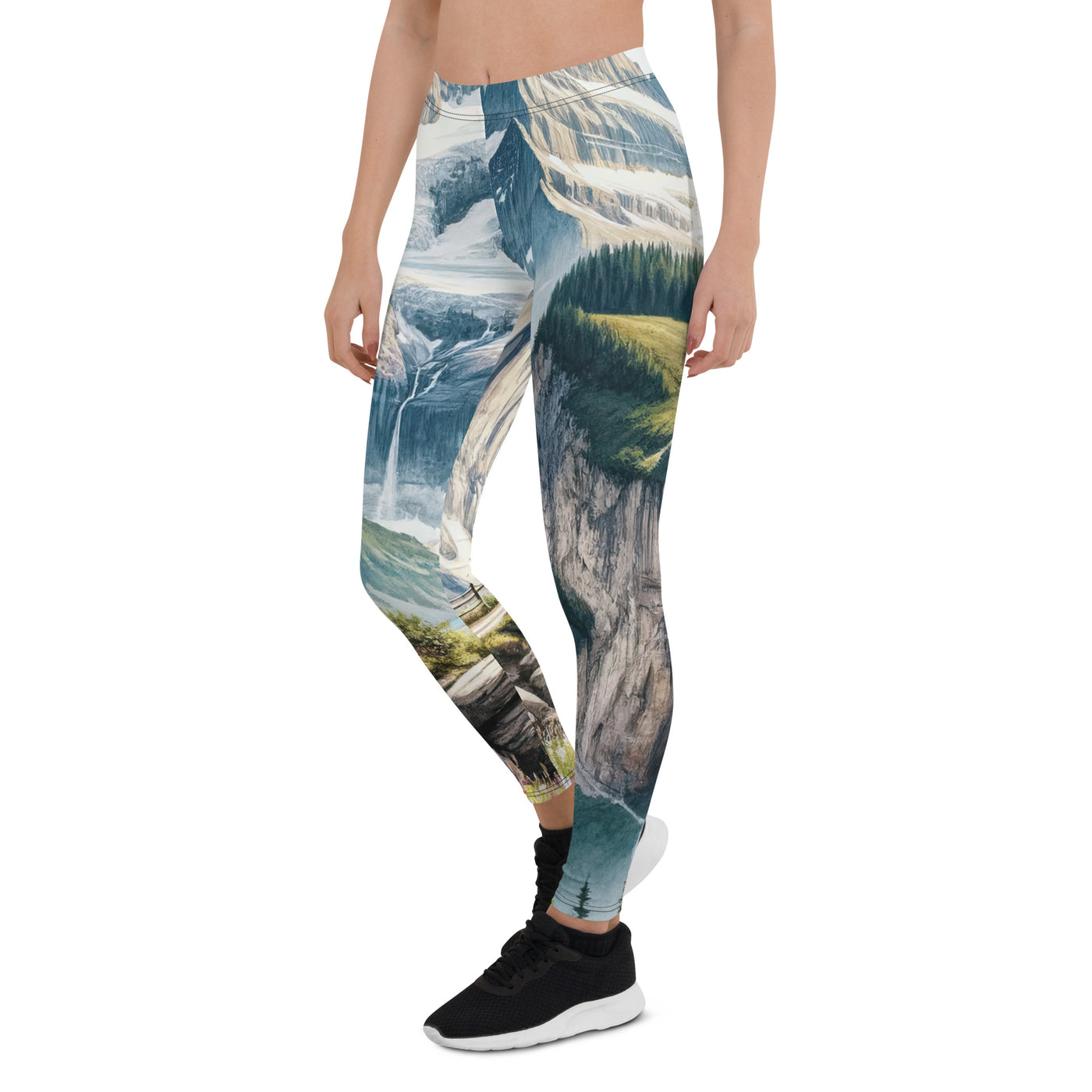 Aquarell-Panoramablick der Alpen mit schneebedeckten Gipfeln, Wasserfällen und Wanderern - Leggings (All-Over Print) wandern xxx yyy zzz