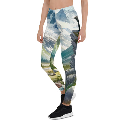 Aquarellmalerei eines Bären und der sommerlichen Alpenschönheit mit schneebedeckten Ketten - Leggings (All-Over Print) camping xxx yyy zzz