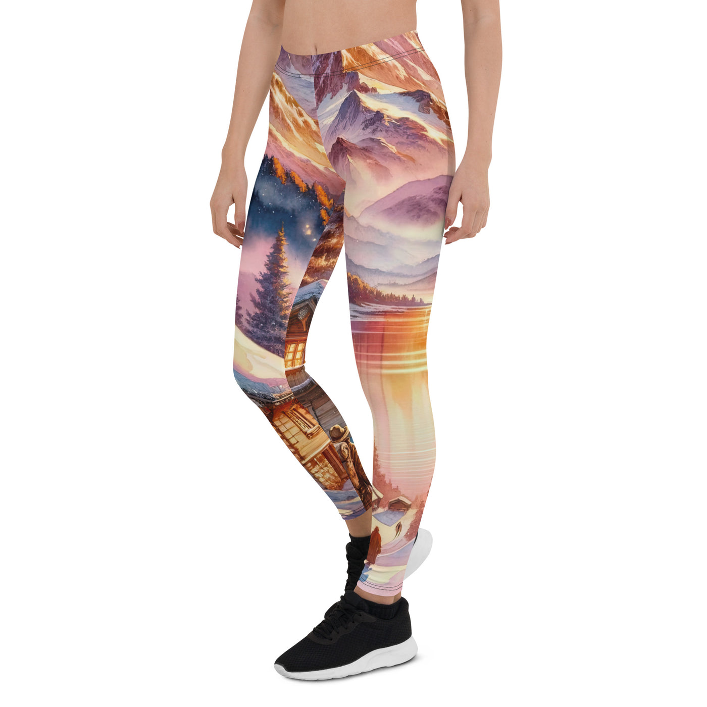 Aquarell eines Alpenpanoramas mit Wanderern bei Sonnenuntergang in Rosa und Gold - Leggings (All-Over Print) wandern xxx yyy zzz