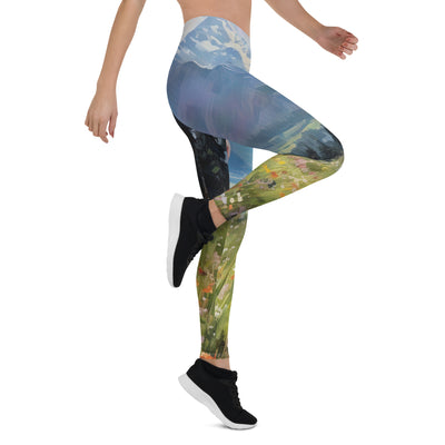 Frau mit langen Kleid im Feld mit Blumen - Berge im Hintergrund - Malerei - Leggings (All-Over Print) berge xxx