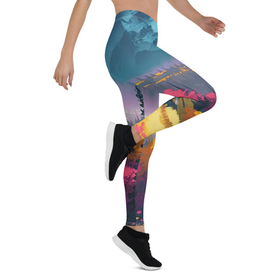 Berge, pinke und gelbe Bäume, sowie Blumen - Farbige Malerei - Leggings (All-Over Print) berge xxx