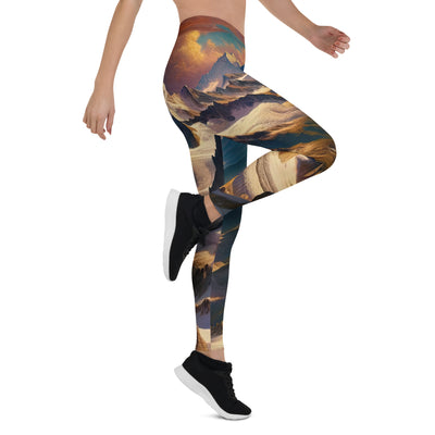 Ölgemälde eines Wanderers auf einem Hügel mit Panoramablick auf schneebedeckte Alpen und goldenen Himmel - Leggings (All-Over Print) wandern xxx yyy zzz