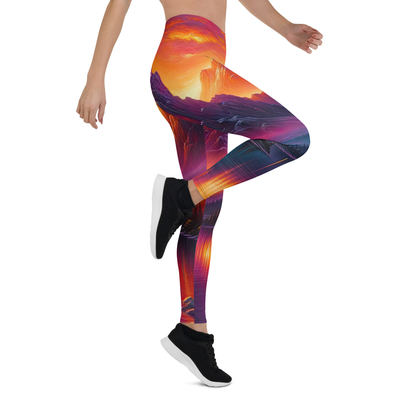 Ölgemälde eines Bootes auf einem Bergsee bei Sonnenuntergang, lebendige Orange-Lila Töne - Leggings (All-Over Print) berge xxx yyy zzz