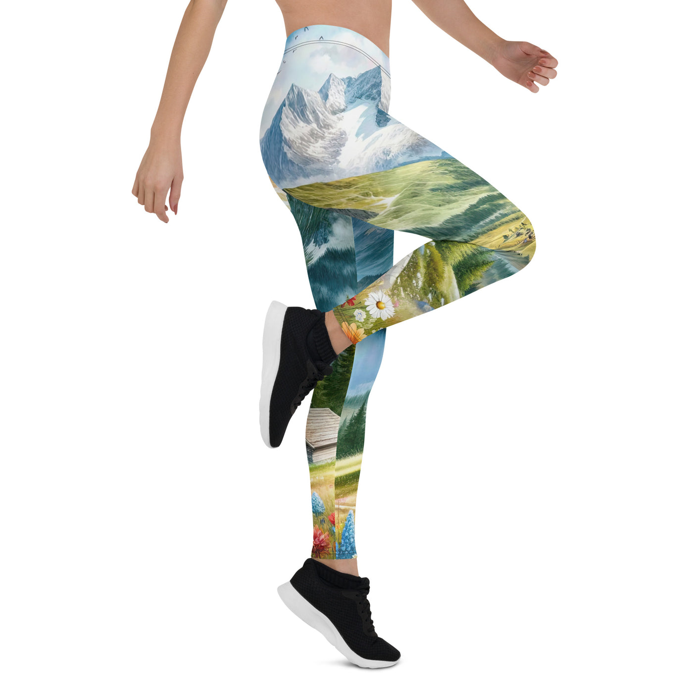 Quadratisches Aquarell der Alpen, Berge mit schneebedeckten Spitzen - Leggings (All-Over Print) berge xxx yyy zzz