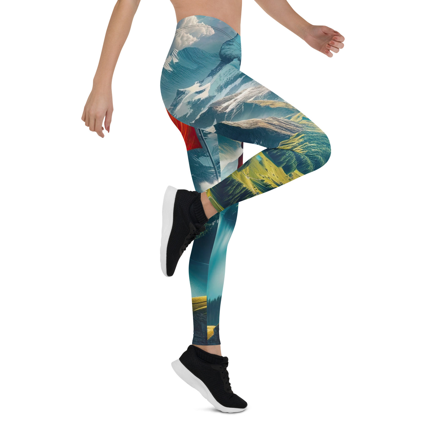 Ultraepische, fotorealistische Darstellung der Schweizer Alpenlandschaft mit Schweizer Flagge - Leggings (All-Over Print) berge xxx yyy zzz