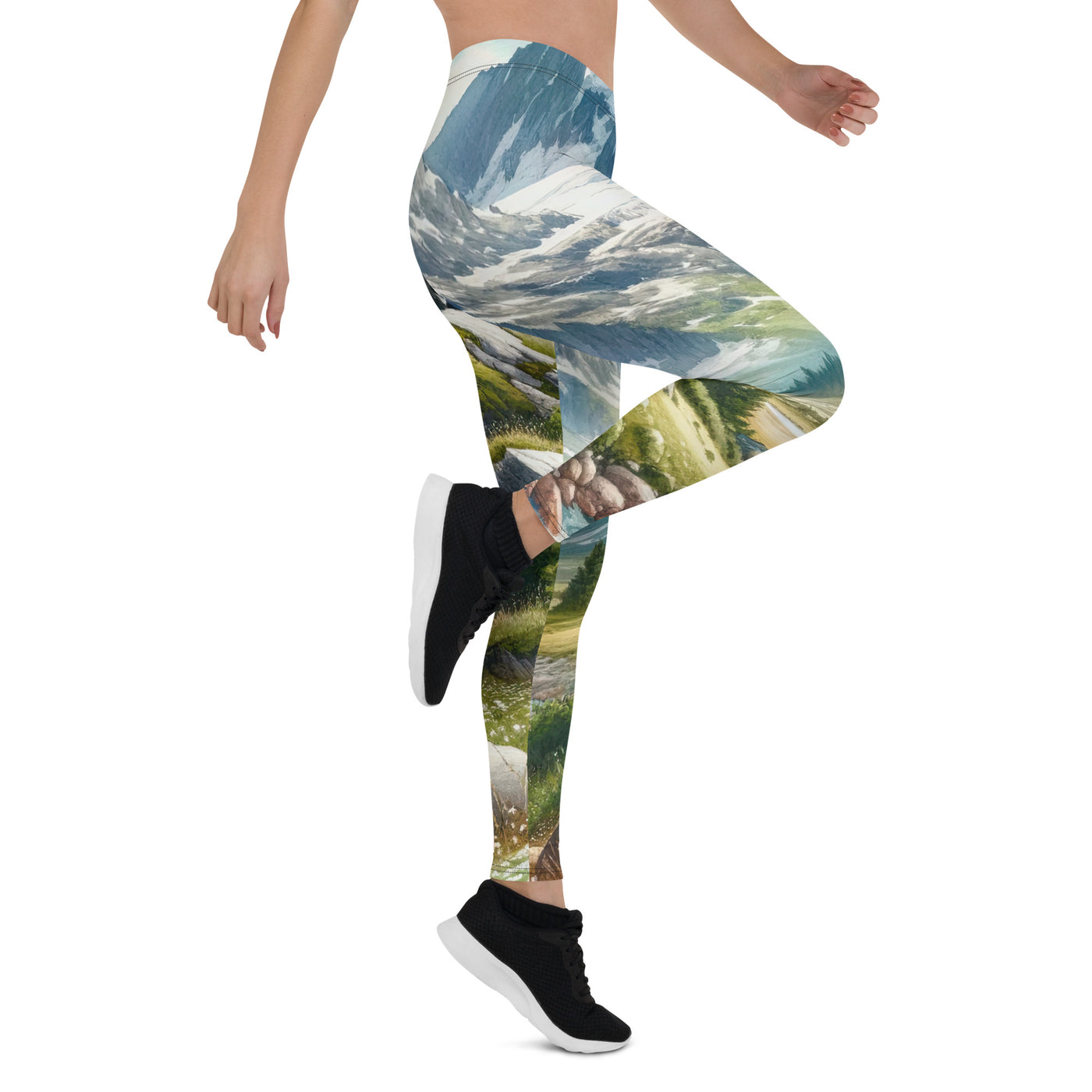 Aquarellmalerei eines Bären und der sommerlichen Alpenschönheit mit schneebedeckten Ketten - Leggings (All-Over Print) camping xxx yyy zzz