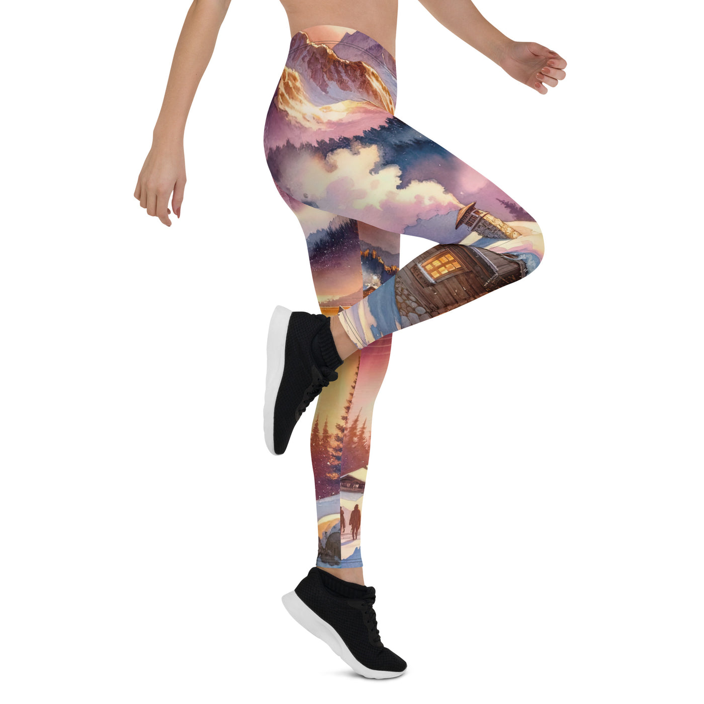 Aquarell eines Alpenpanoramas mit Wanderern bei Sonnenuntergang in Rosa und Gold - Leggings (All-Over Print) wandern xxx yyy zzz