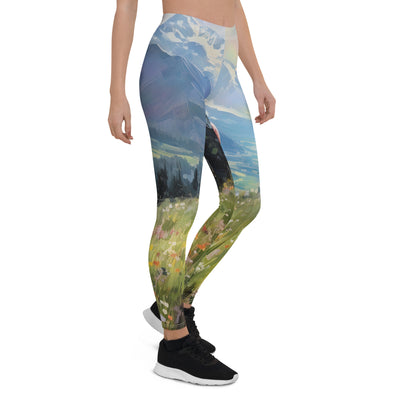 Frau mit langen Kleid im Feld mit Blumen - Berge im Hintergrund - Malerei - Leggings (All-Over Print) berge xxx