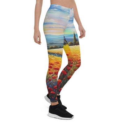 Feld mit roten Blumen und Berglandschaft - Landschaftsmalerei - Leggings (All-Over Print) berge xxx