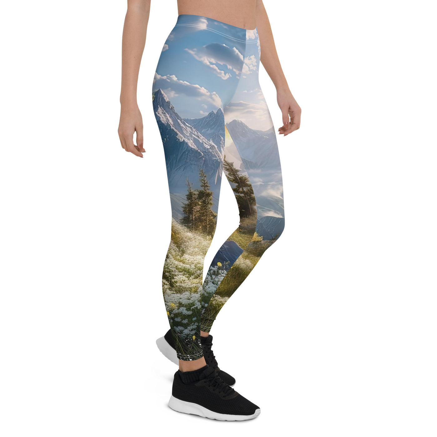 Berglandschaft mit Sonnenschein, Blumen und Bäumen - Malerei - Leggings (All-Over Print) berge xxx