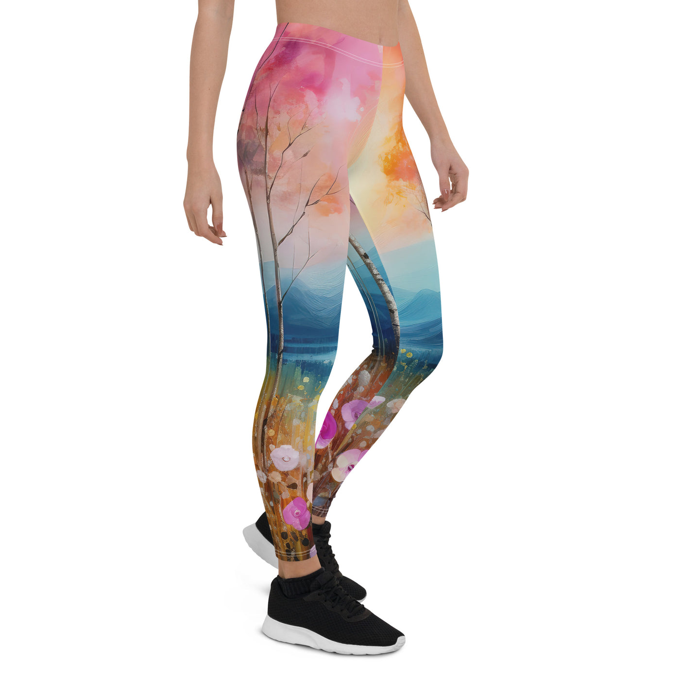 Berge, See, pinke Bäume und Blumen - Malerei - Leggings (All-Over Print) berge xxx