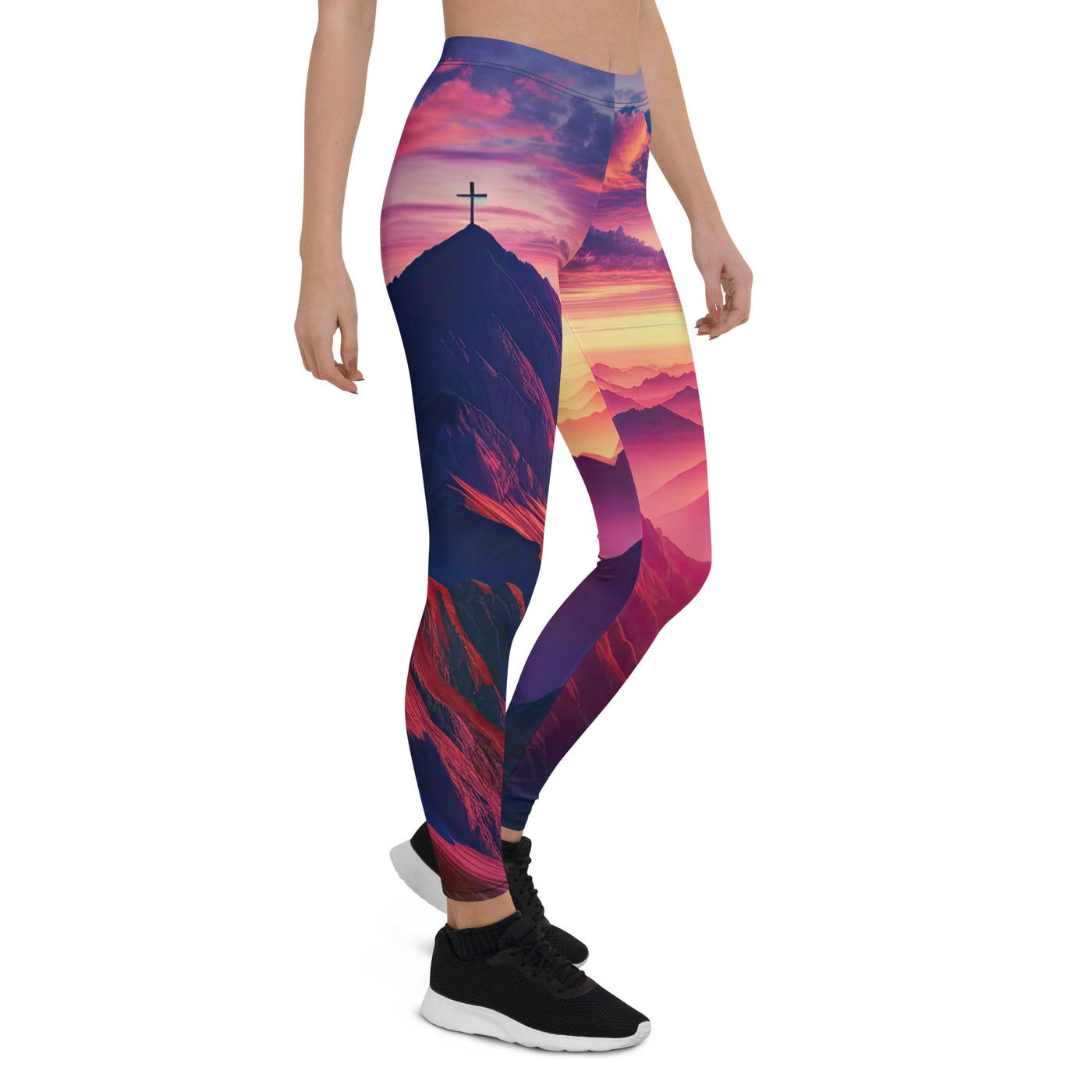 Dramatischer Alpen-Sonnenaufgang, Gipfelkreuz und warme Himmelsfarben - Leggings (All-Over Print) berge xxx yyy zzz