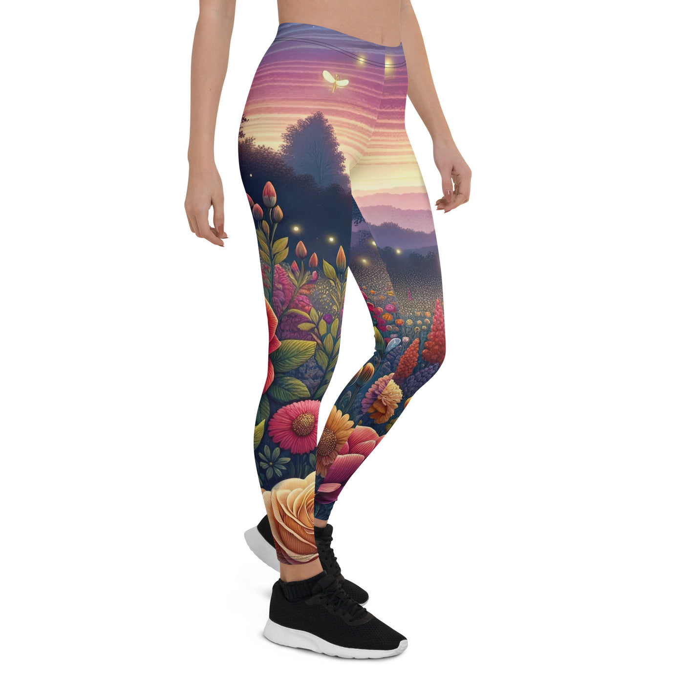 Skurriles Blumenfeld in Dämmerung, farbenfrohe Rosen, Lilien, Ringelblumen - Leggings (All-Over Print) camping xxx yyy zzz