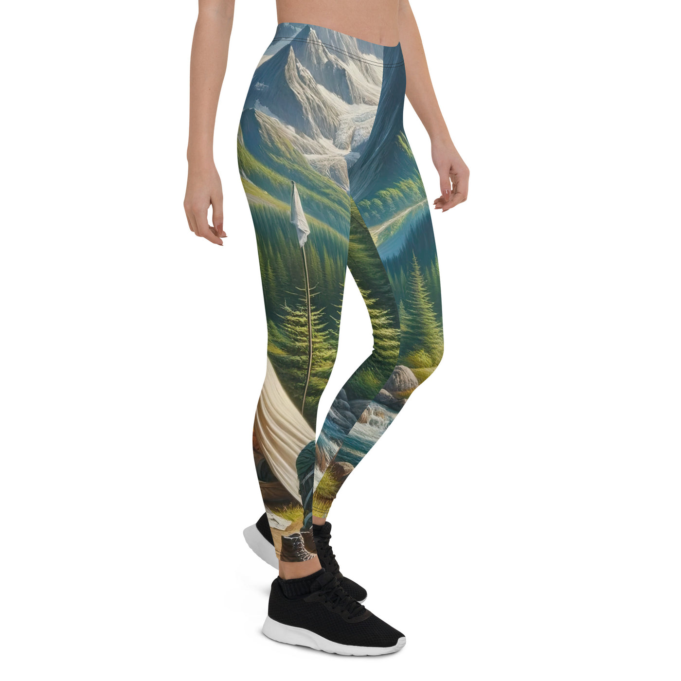 Ölgemälde der Alpensommerlandschaft mit Zelt, Gipfeln, Wäldern und Bächen - Leggings (All-Over Print) camping xxx yyy zzz