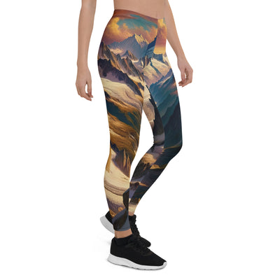 Ölgemälde eines Wanderers auf einem Hügel mit Panoramablick auf schneebedeckte Alpen und goldenen Himmel - Leggings (All-Over Print) wandern xxx yyy zzz