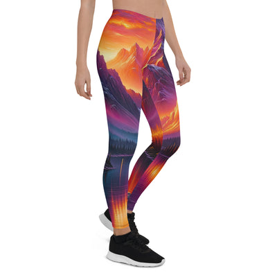 Ölgemälde eines Bootes auf einem Bergsee bei Sonnenuntergang, lebendige Orange-Lila Töne - Leggings (All-Over Print) berge xxx yyy zzz