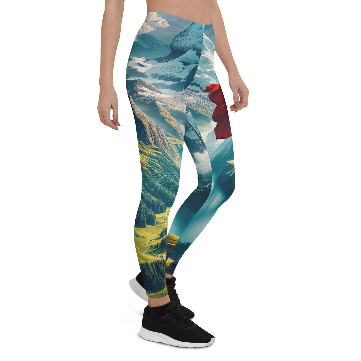 Ultraepische, fotorealistische Darstellung der Schweizer Alpenlandschaft mit Schweizer Flagge - Leggings (All-Over Print) berge xxx yyy zzz