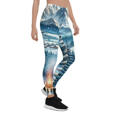 Aquarell eines Winterabends in den Alpen mit Lagerfeuer und Wanderern, glitzernder Neuschnee - Leggings (All-Over Print) camping xxx yyy zzz