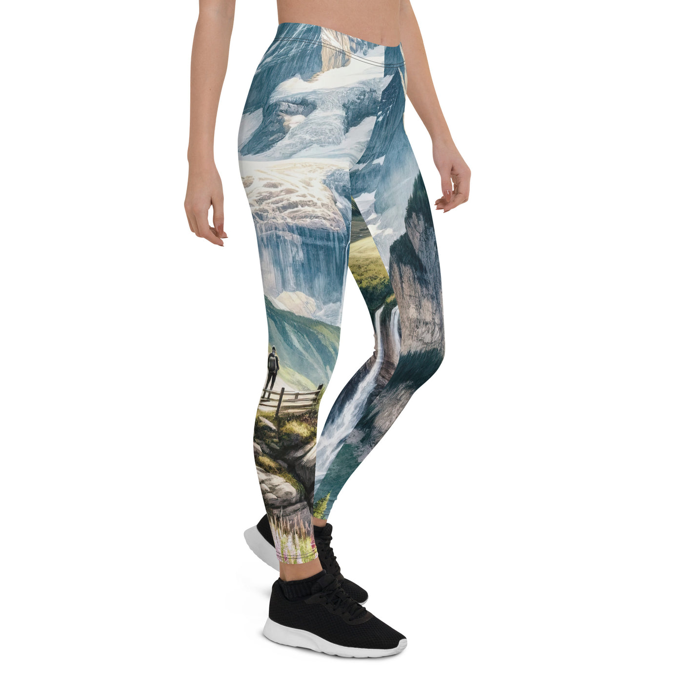 Aquarell-Panoramablick der Alpen mit schneebedeckten Gipfeln, Wasserfällen und Wanderern - Leggings (All-Over Print) wandern xxx yyy zzz