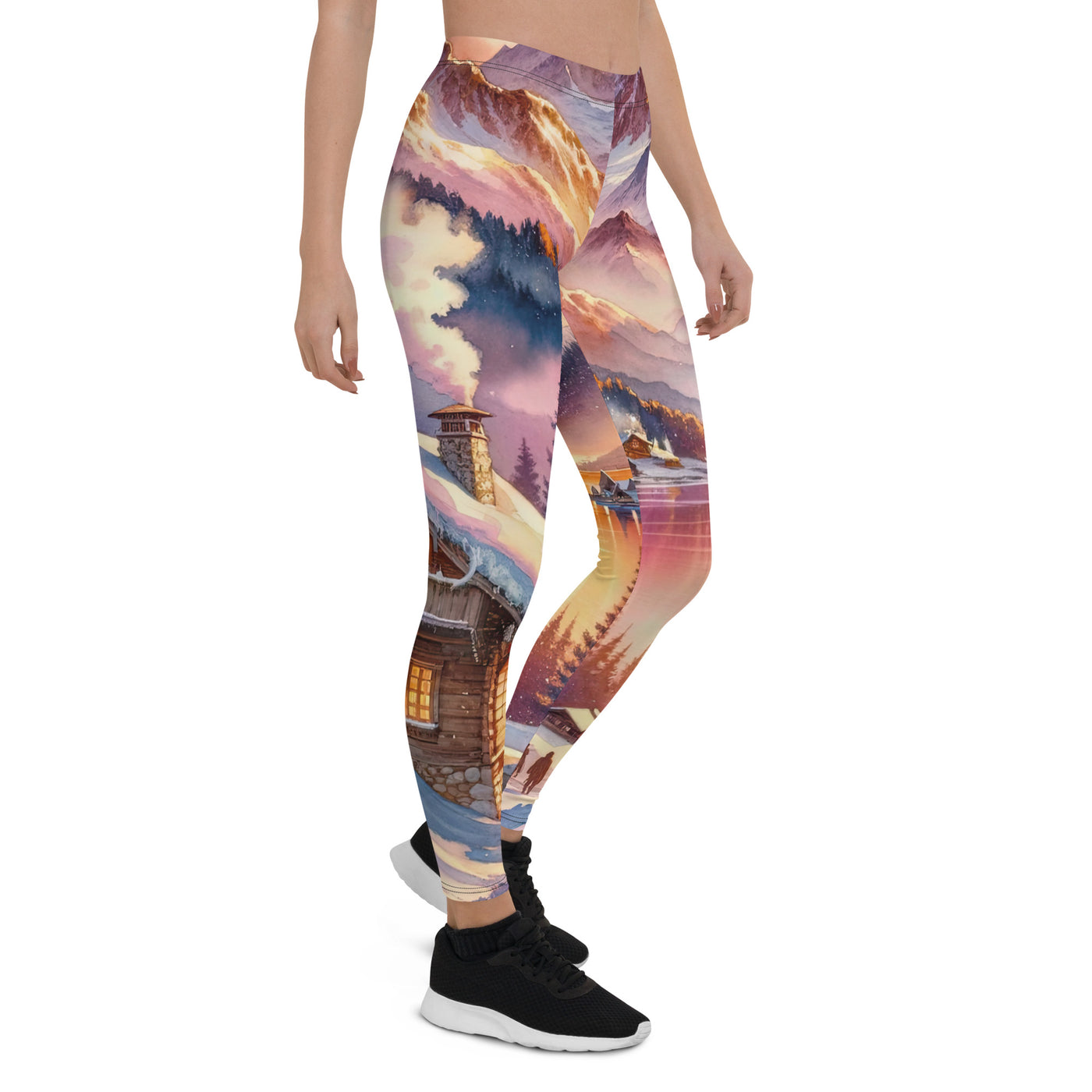 Aquarell eines Alpenpanoramas mit Wanderern bei Sonnenuntergang in Rosa und Gold - Leggings (All-Over Print) wandern xxx yyy zzz